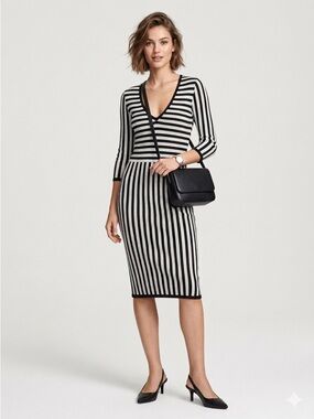 RARE H&M Modern Classic Striped Viscose Knit Midi Dress - XS - PRISTINE